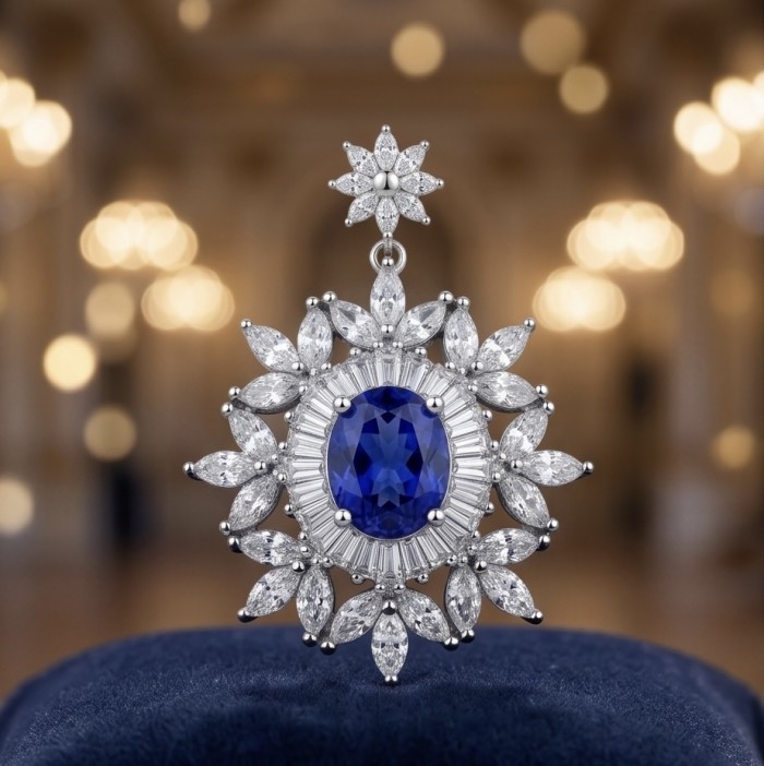 Born to Glam 4.2 carat natural Sapphire .925 Sterling Silver Perfectly handcrafted Pendant - Close-up of Born to Glam Sapphire pendant with diamond accents.