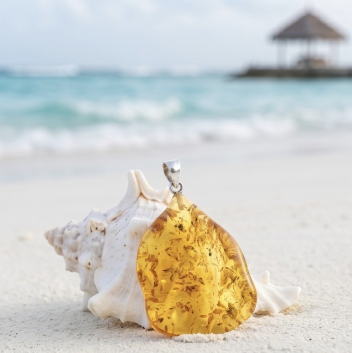 Prehistoric Authentic Golden Baltic Amber .925 Sterling Silver beautifully handcrafted Pendant - Baltic amber pendant close-up on seashell with ocean in background