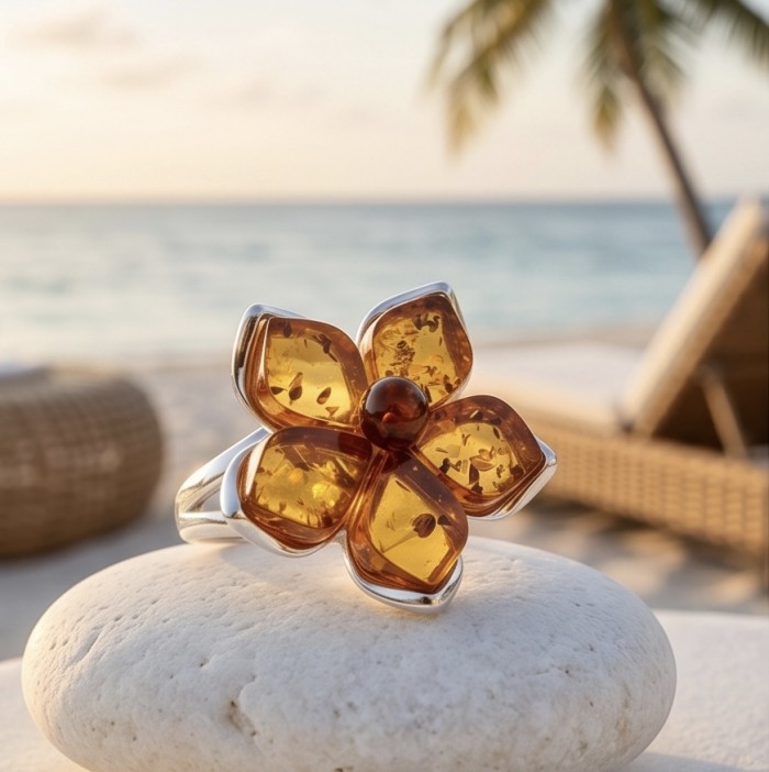 Golden Flower Authentic Baltic Amber rhodium over .925 Sterling Silver handcrafted ring; s. 7 adjustable - Close-up of golden flower Baltic amber ring on beach stone.