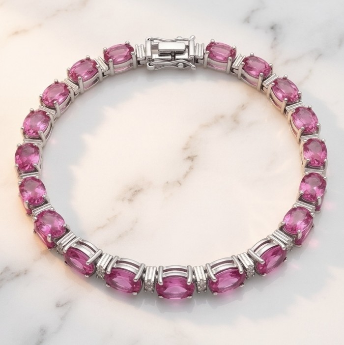 Luxurious 45.4 carat Pink Sapphire rhodium over .925 Sterling Silver handcrafted Bracelet - Pink sapphire bracelet, top view, showing clasp and stones in detail.