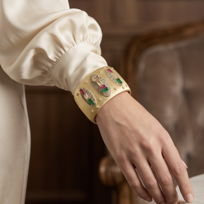 Byzantine design Authentic Topaz 18K Gold over .925 Sterling Silver handcrafted Bracelet / Cuff - Gold Byzantine bracelet worn on hand, showcasing topaz details.