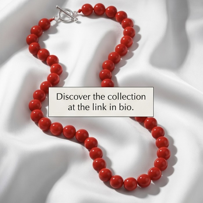 Konstancia Sublime natural Red Fossilized Coral Sterling Silver handmade Necklace - Red coral necklace on fabric, toggle clasp detail shown