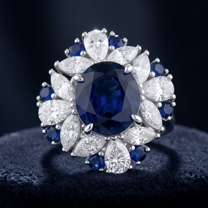 Julietta 20.5 carat Sapphire .925 Sterling Silver handmade Statement ring size 7 1/4 - Close-up of Julietta 20.5 carat Sapphire ring with diamonds in sterling silver.