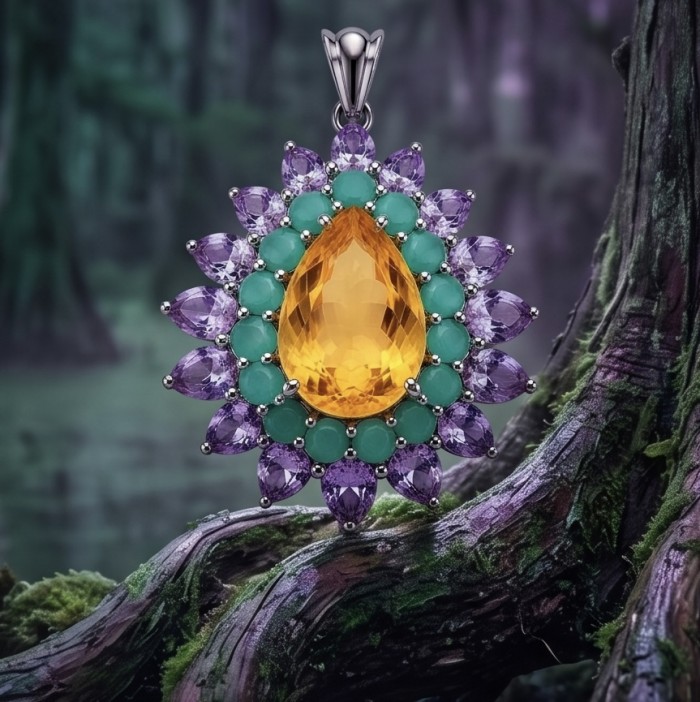 Grace 28.8 carat Citrine Colombian Emerald .925 Sterling Silver handcrafted Statement pendant - Pendant front view: Citrine, emeralds, amethyst in sterling silver.