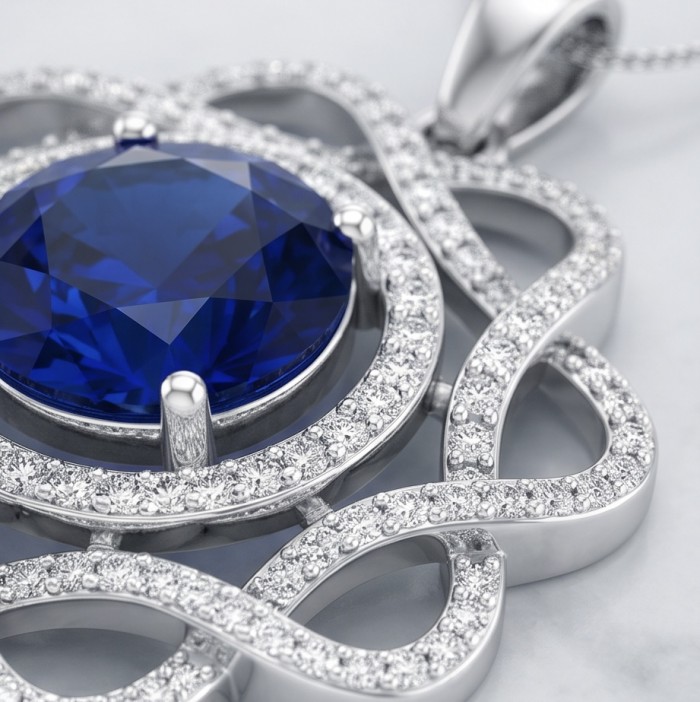 Julietta 4.5 carat genuine Sapphire .925 Sterling Silver dipped in rhodium handmade Pendant - Close-up of sapphire pendant in sterling silver with diamond accents.