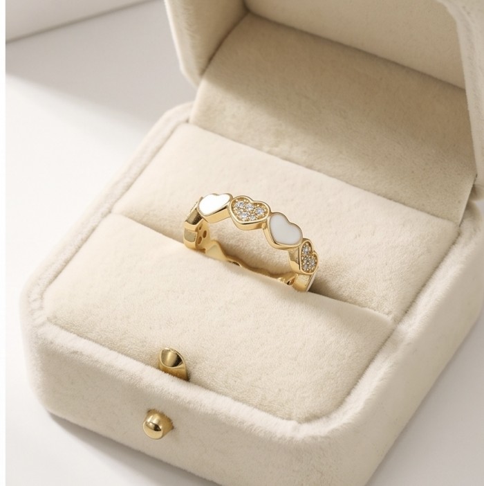 LOVE IS FOREVER Natural WHITE Enamel .925 Sterling Silver Huge handcrafted Ring s. 8 1/2 - Gold ring with heart designs in an open velvet box, top view
