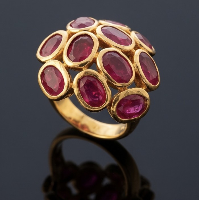 Giovanna 19.7 carat Mozambique Ruby .925 Sterling Silver dipped in 22K Gold handmade Statement Ring size 7 - Gold ring with multiple rubies on black background, angled top view