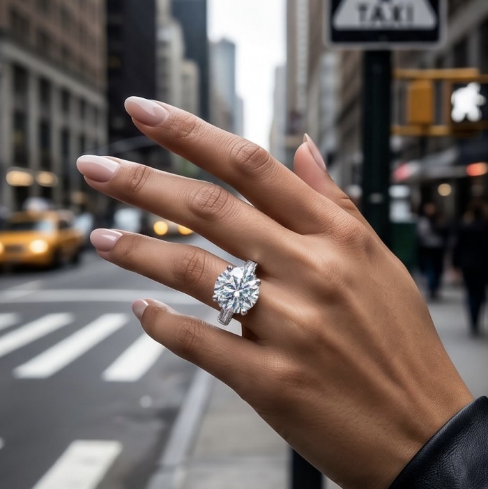 Luxurious - 14.2 carat White Topaz .925 Sterling Silver handcrafted ring size 6 - Hand wearing Luxurious 14.2 carat white topaz ring on city street