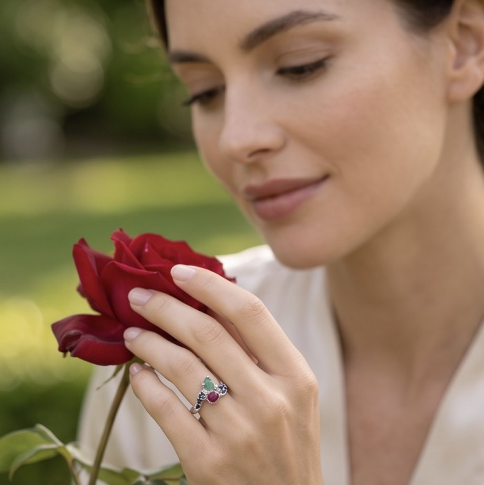 Blooming Garden 3.8 carat Mozambique Ruby Aquamarine rhodium over .925 Sterling Silver handmade Statement Ring size 8 - Worn on hand holding rose, showcasing Blooming Garden ruby aquamarine ring.
