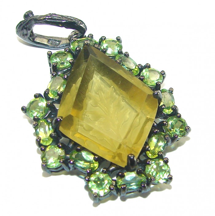 Carved Lemon Quartz black rhodium over .925 Sterling Silver handcrafted pendant - photo 2