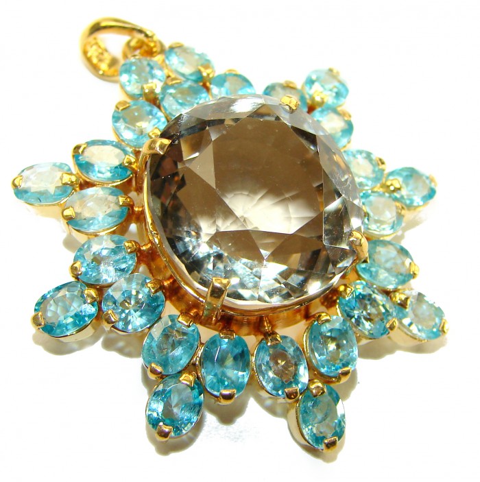 Luxury genuine 44.5 CARAT Champagne Topaz Aquamarine 14K Gold over .925 Sterling Silver handmade Pendant - photo 3