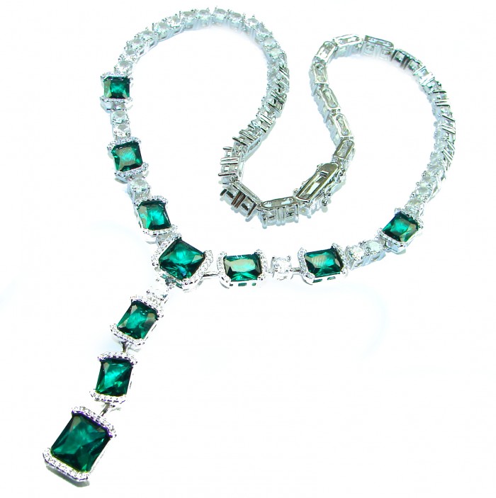 Green Royalty 27.2 carat Emerald .925 Sterling Silver .925 Sterling Silver Statement Necklace - Emerald necklace, front view, sterling silver with 27.2 carat green stones