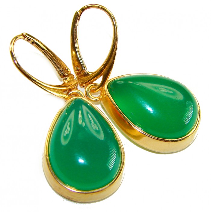 Unique genuine Jade 18K Gold over over .925 Sterling Silver handcrafted earrings - Close-up of jade earrings with 18K gold over sterling silver.