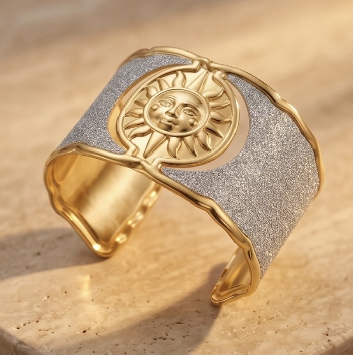 Renewal - Byzantine design Authentic Topaz 14K Gold over .925 Sterling Silver handcrafted Bracelet / Cuff - Angle view of Renewal Byzantine bracelet with sun design in gold and silver.