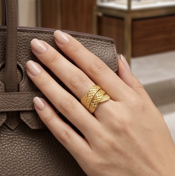 Dubai Style .925 Sterling Silver dipped in 22K Gold handmade Large ring size 9 - Gold ring worn on hand, holding a textured handbag