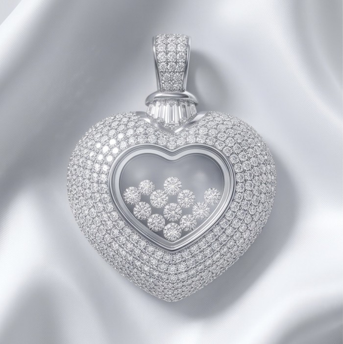 Precious Heart - Floating Memories 4.5 carat White Sapphire .925 Sterling Silver Handcrafted Statement pendant - Heart-shaped pendant, front view with floating white sapphires.