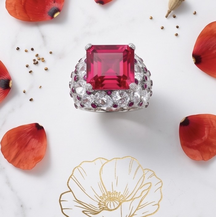 Scarlett 39.7 ctw Mozambique Ruby .925 Sterling Silver dipped in 18K WHITE Gold handcrafted Statement Ring size 8 1/4 - Top view of Scarlett ring with red ruby and silver detailing.