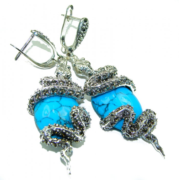 Snakes Great authentic inlay Turquoise .925 Sterling Silver handcrafted Earrings - photo 4