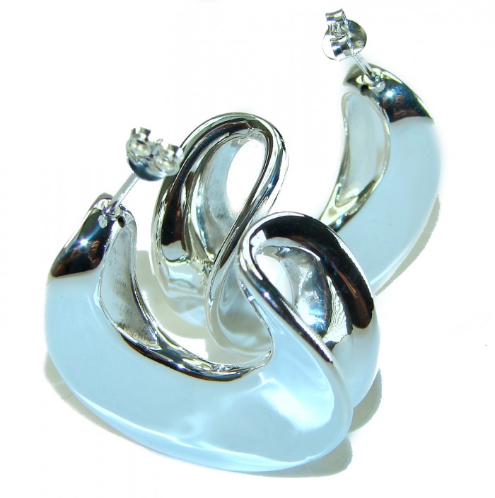 LARGE - EXTRAVAGANZA - Highly Polished Fancy .925 Sterling Silver Italy made Earrings - Close-up of polished sterling silver hoop earrings, angled view.