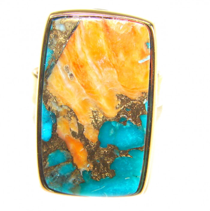 Rare 20.5 carat Oyster Turquoise 18K Gold over .925 Sterling Silver handcrafted Large ring; s. 7 adjustable - Close-up of rare 20.5 ct Oyster Turquoise in 18K gold over sterling silver.