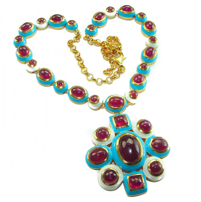 Outstanding - Red Rose - Authentic Kashmir 155.8 carat Ruby Enamel 18K Gold over .925 Sterling Silver handcrafted Station necklace - Necklace with red rubies and turquoise accents laid flat