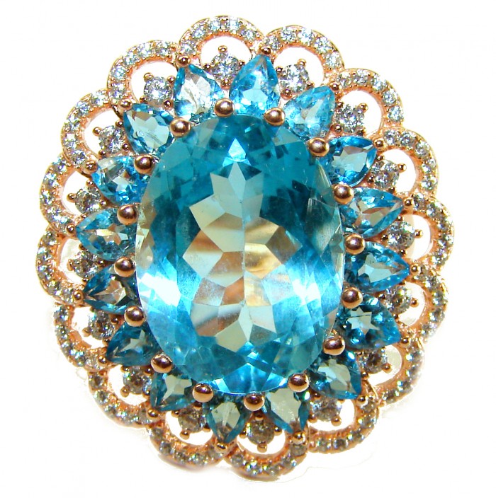 Endless Ocean Natural 14.4 carat Swiss Blue Topaz .925 Sterling Silver dipped in 18K Gold handmade Large Statement Ring size 7 1/4 - Close-up of Endless Ocean Swiss Blue Topaz ring with intricate detailing.