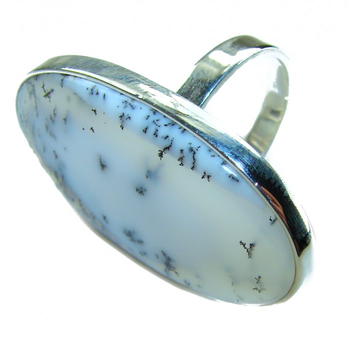 Top Quality Dendritic Agate .925 Sterling Silver handcrafted Ring s. 7 ADJUSTABLE - Side view of dendritic agate ring in .925 sterling silver setting