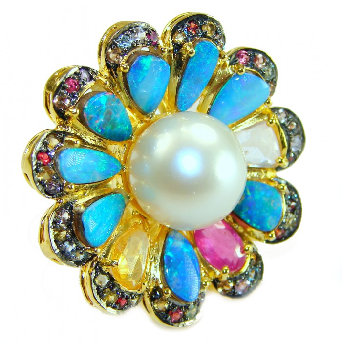 Giovanna- One-of-a-Kind genuine Australian Opal Pearl 18k Gold over .925 Sterling Silver Handcrafted Ring size 7 - Opal and pearl flower ring, top view, showcasing vibrant stones.