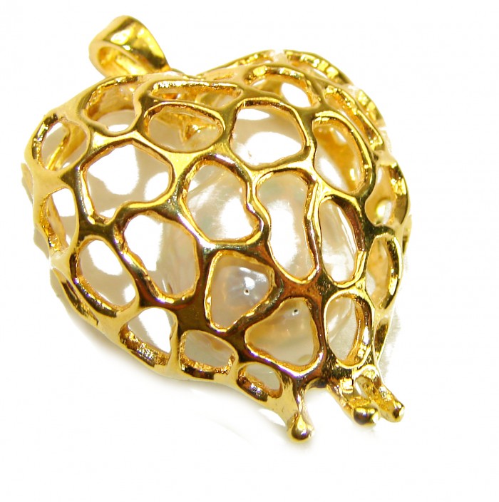 Precious golden Heart genuine Pearl 14k Gold over .925 Sterling Silver handmade Pendant - Golden heart cage pendant with pearl, angled top view.