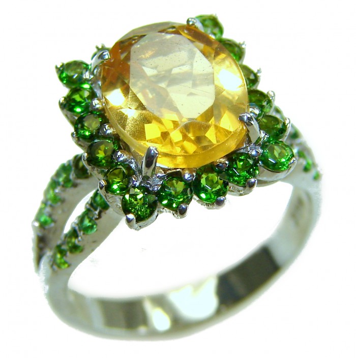Casablanca 6.5 carat Citrine Emerald .925 Sterling Silver Handcrafted Ring size 6 - Citrine and emerald ring, side view, sterling silver band.