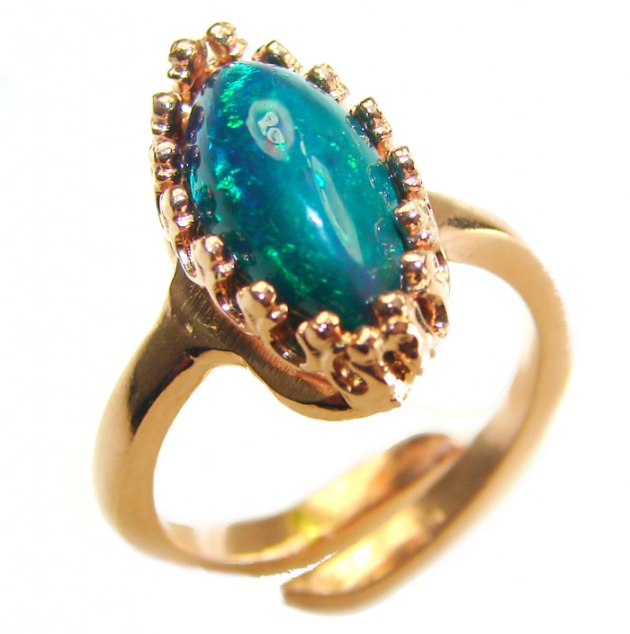 A COSMIC POWER Genuine 5.2 carat Black Opal 18K rOSE Gold over .925 Sterling Silver handmade Ring size 8 - Close-up of black opal ring in 18K rose gold setting