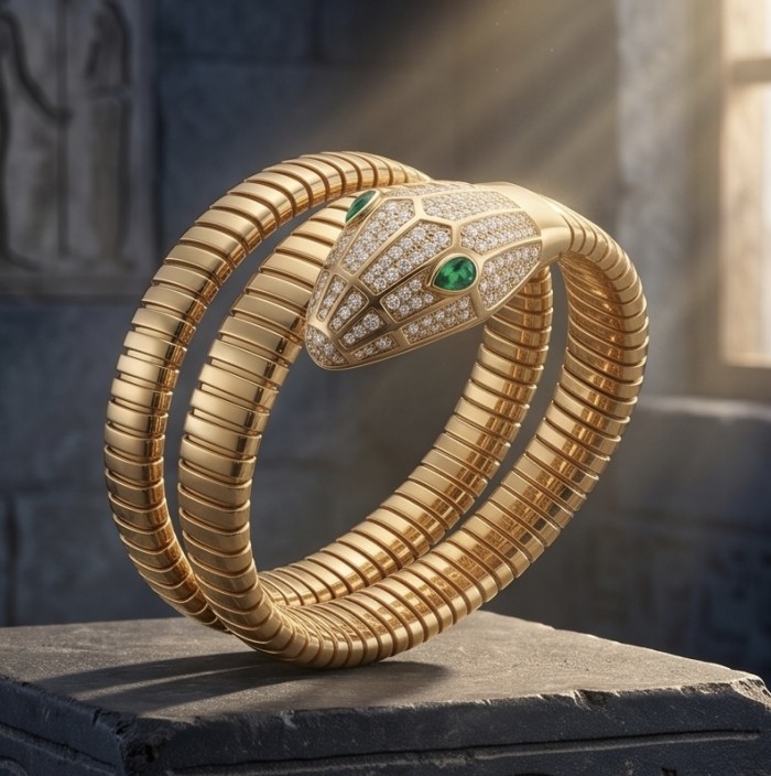 SERPENTINE Precious Snake Genuine 4.2 carat Emerald 925 Sterling Silver dipped in 18K Gold handcrafted Bracelet - Gold snake ring with emerald eyes, front view on a stone surface.