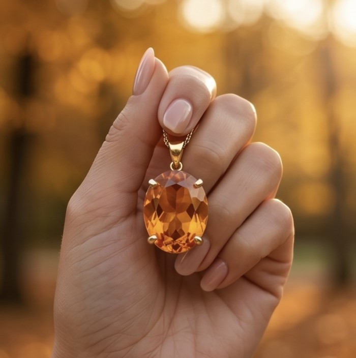 Oval cut 35.3 carat Lemon Quartz 22K Gold over .925 Sterling Silver handcrafted pendant - Close-up of oval cut 35.3 carat Lemon Quartz pendant held in hand.