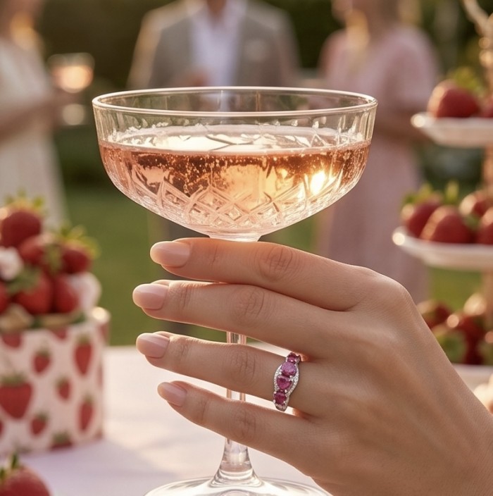 4 Hearts Natural 7.4 carat Ruby .925 Sterling Silver dipped in Rhodium handmade Statement Ring size 6 1/4 - Ruby ring worn on hand holding a champagne glass at a garden party