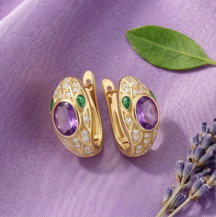 Seducer - Cobra 4.8 carat Amethyst 22K Gold over .925 Sterling Silver handcrafted earrings - Amethyst earrings on lavender fabric, showcasing front view and details