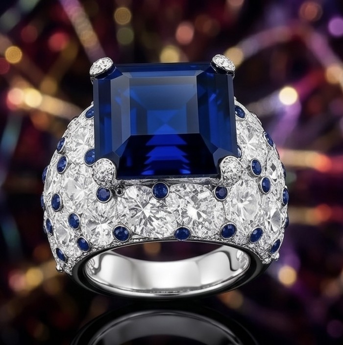 Blue Royalty 15.5 ctw natural Sapphire .925 Sterling Silver handcrafted large Statement Ring size 8 - Close-up of sapphire and diamond ring on multicolored background