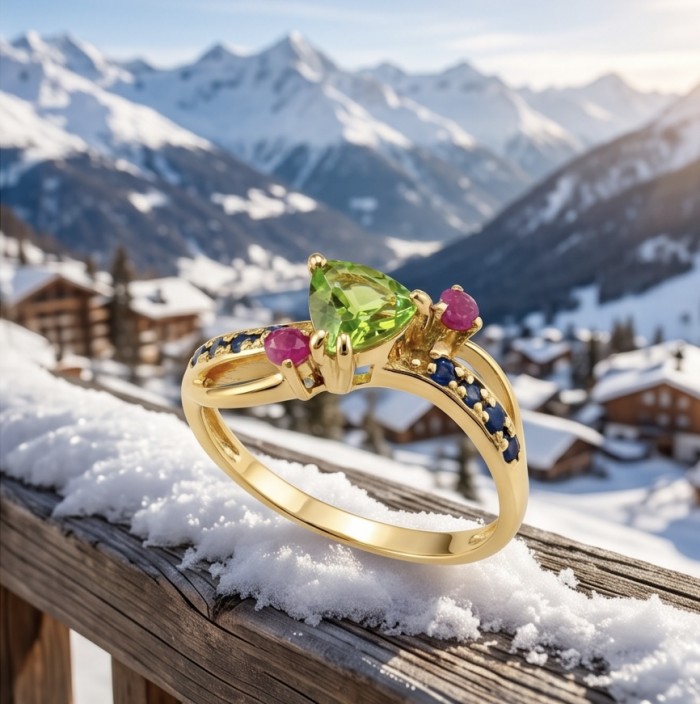 Stella 5.8 carat Swiss Blue Topaz .925 Sterling Silver dipped in 14K Gold handcrafted ring size 9 - Gold ring with gemstones on snowy ledge, mountains in background.