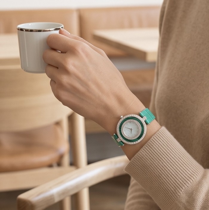 Precious 18.5 carat Authentic INLAY Malachite Genuine Leather strap .925 Sterling Silver handmade Watch - Watch with green strap and diamonds, worn on hand holding cup