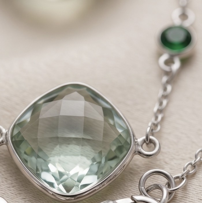 Infinity 18.5 carat Authentic Multigems Rhodium over .925 Sterling Silver handcrafted Statement necklace - Stone close-up of Infinity 18.5 carat Multigems Rhodium over .925 jewelry.