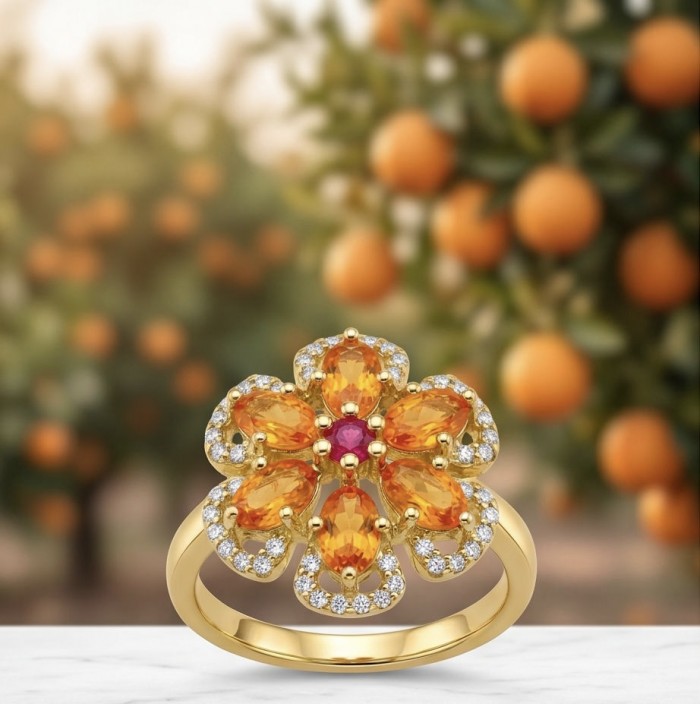 Flower 4.2 carat Brazilian Citrine 18K Gold over .925 Sterling Silver handcrafted ring; s. 6 1/4 - Flower ring with citrine stones and diamonds, close-up, blurred orange grove background