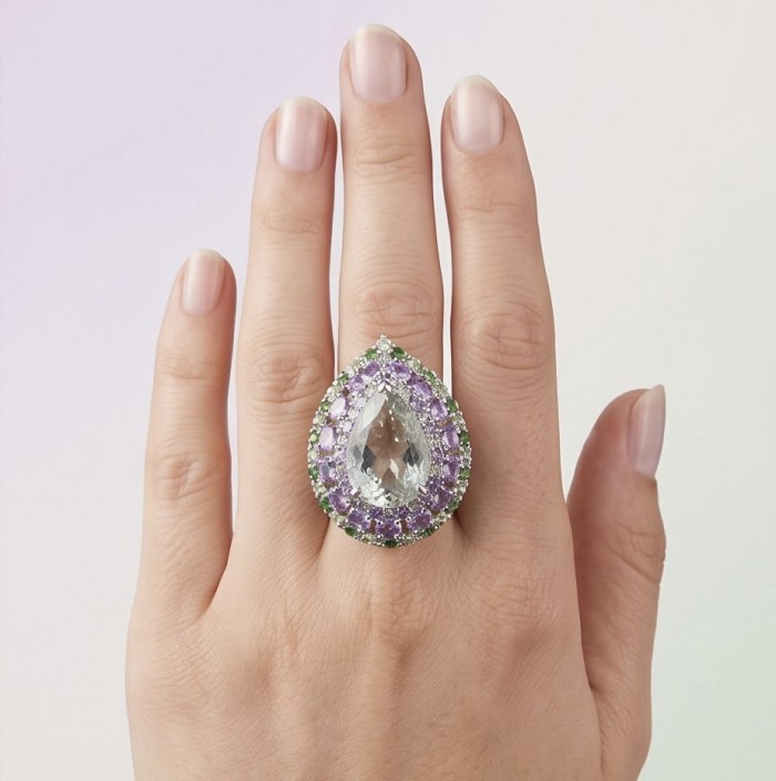 Large Natural 18.5 carat carved Green Amethyst rhodium over .925 Sterling Silver handcrafted ring size 6 3/4 - Large green amethyst ring worn on hand, front view.