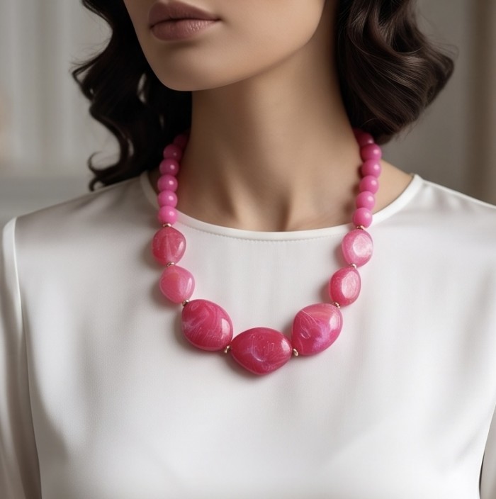 Rare and Unusual Hot Pink Botswana Agate golden NECKLACE - photo 1
