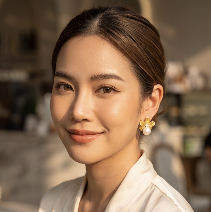 Classy Design - Genuine Pearl 18k Gold over .925 Sterling Silver handcrafted Statement Earrings - Earrings with pearl and gold detail, worn by a woman.