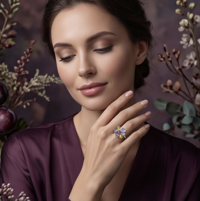 Flower 6.8 carat Multigem rhodium over .925 Sterling Silver Handcrafted Ring size 9 - Woman wearing Flower 6.8 carat multigem ring, elegant hand pose.
