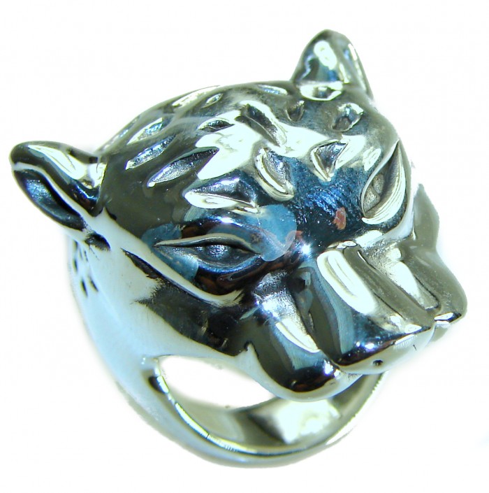 Cheetah Head Marcasite Ruby .925 Sterling Silver handcrafted Statement Ring size 7 - Cheetah head silver ring, top view, showcasing detailed design.
