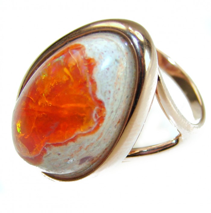 Bonfire Night best quality 12.5 carat Mexican Opal 18K Gold over .925 Sterling Silver handmade ring 8 - Close-up of 12.5 ct Mexican Opal ring in 18K gold setting.