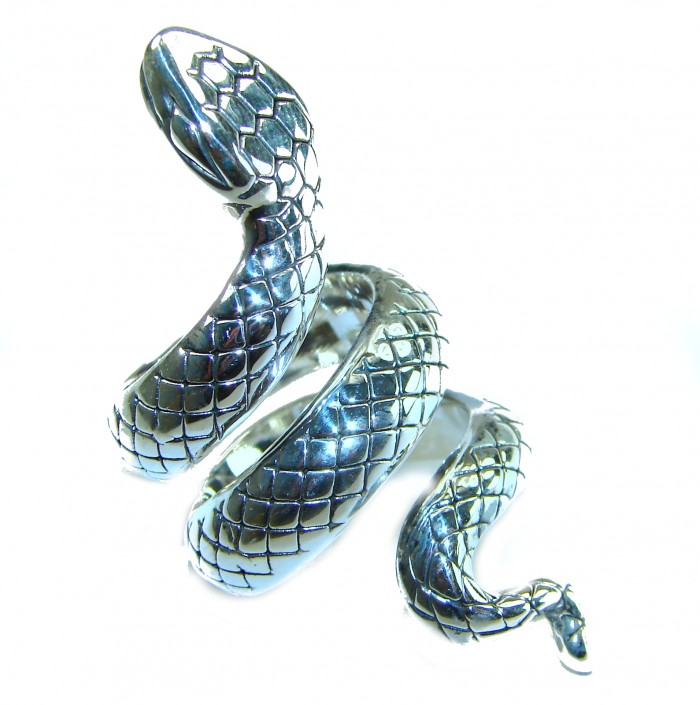Large Boa Snake .925 Sterling Silver handcrafted Statement SPINAL Ring size 7 - Sterling silver snake ring, coiled, showcasing scale details, top view.