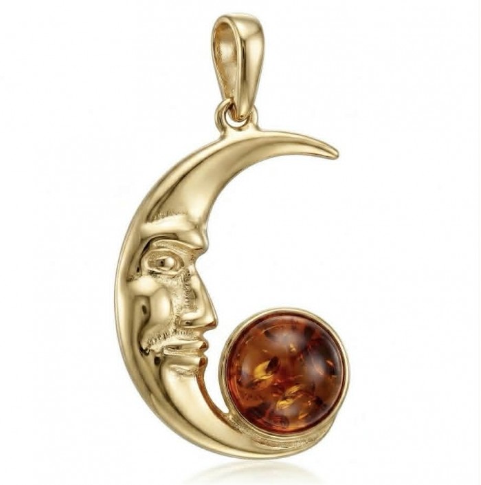 Golden Moon Prehistoric Authentic Baltic Amber 18K Gold over .925 Sterling Silver beautifully handcrafted Pendant - Side view of gold moon pendant with amber stone.