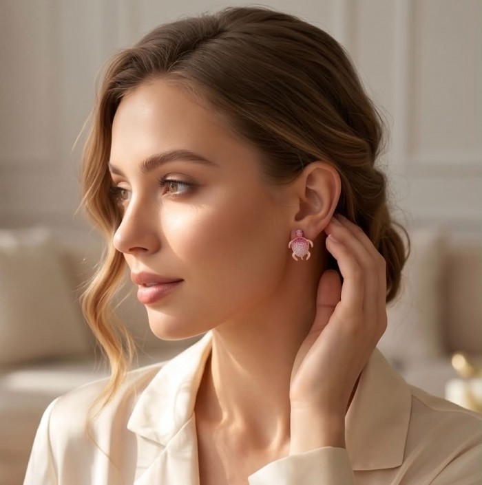 Pink Turtles - authentic 10.8 carat Pink Sapphire 18K Rose Gold over .925 Sterling Silver handcrafted Earrings - Side view of pink turtle earrings, worn, showcasing 10.8 carat sapphires.