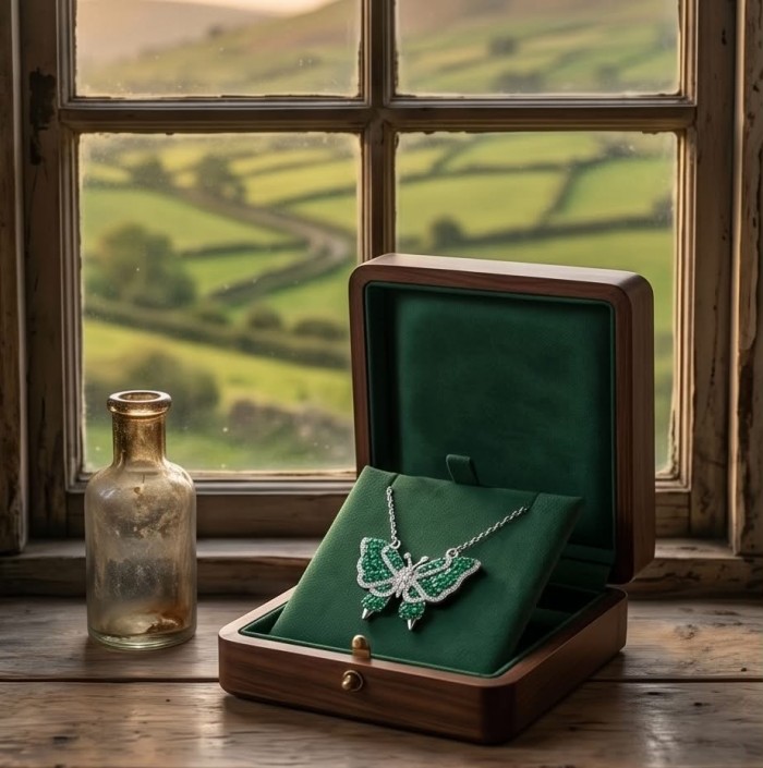 Precious Butterfly authentic 12.9 carat Colombian Emerald .925 Sterling Silver handcrafted Statement necklace - Necklace with emerald butterfly in open box, scenic view in background.